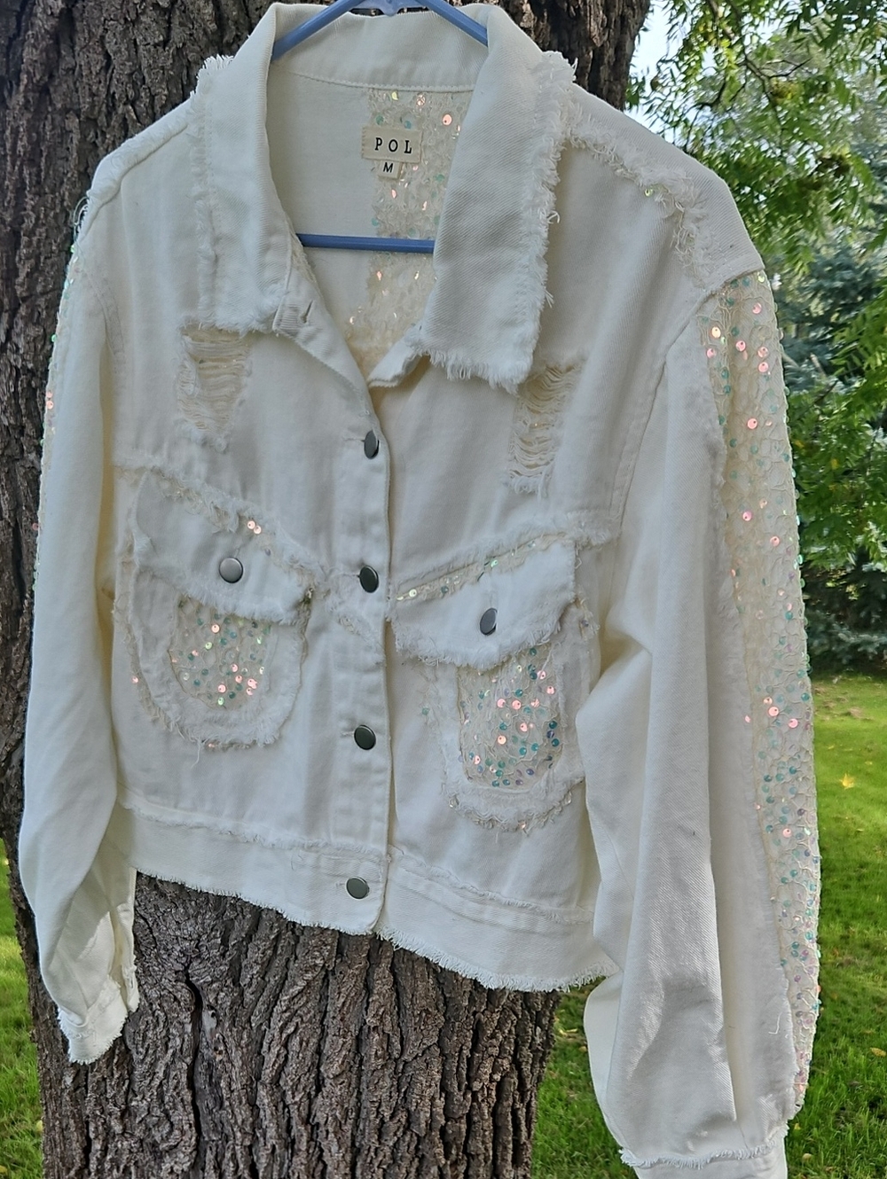 POL Cream Sequin-Trim Distressed Cropped Denim Jacket, Size M